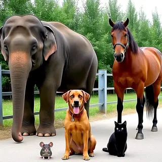 A group photo of an elephant, a horse, a dog, a cat, and a m