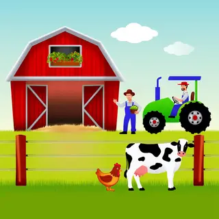A farm scene with a barn, tractor, farmer, cow, chicken, and