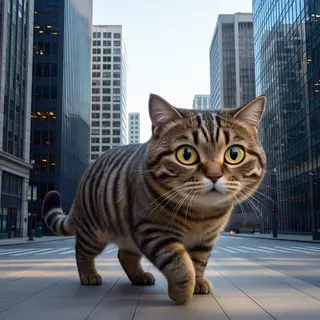 A giant tabby cat walking between city skyscrapers like a ka