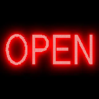 The word 'OPEN' displayed on a red LED sign with glowing pix