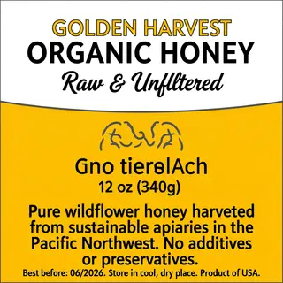 A product label for 'GOLDEN HARVEST ORGANIC HONEY' with subt