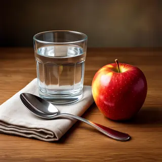 A still life on a wooden table featuring a clear glass of wa