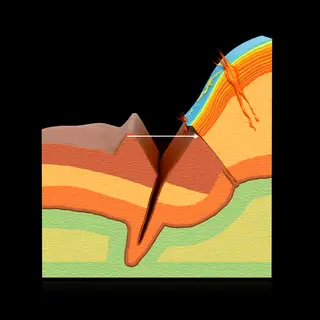 A cross-section showing tectonic plates at a convergent boun