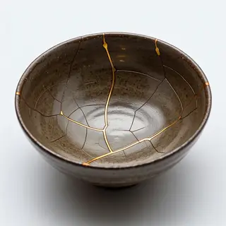 A Japanese kintsugi bowl — cracked ceramic repaired with vis