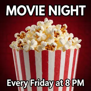 A movie night poster with a large popcorn image in the cente