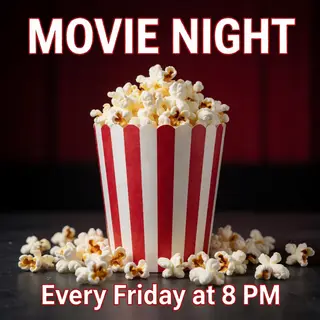 A movie night poster with a large popcorn image in the cente