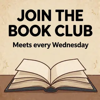 A book club poster with an open book illustration, the title