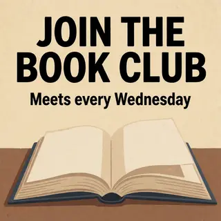 A book club poster with an open book illustration, the title