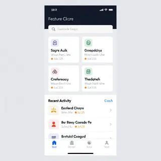 A mobile app UI mockup showing a dashboard with a top naviga