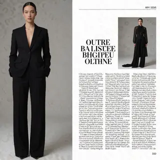 A fashion magazine spread with a full-bleed left-page photo,