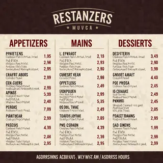 A restaurant menu layout with a logo header, three category 