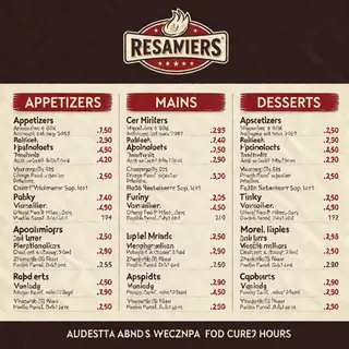 A restaurant menu layout with a logo header, three category 
