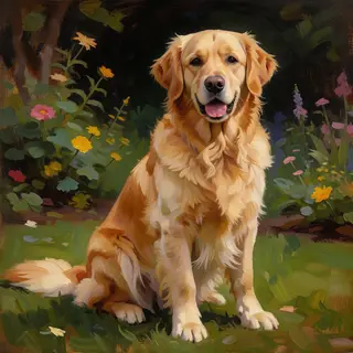 A golden retriever sitting in a garden, painted in the style