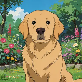 A golden retriever sitting in a garden, rendered in Japanese