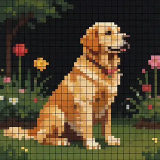 A golden retriever sitting in a garden, rendered in pixel ar