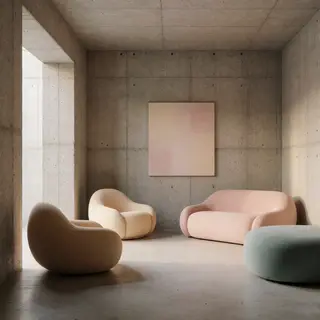 An interior scene rendered in soft brutalism — raw concrete 