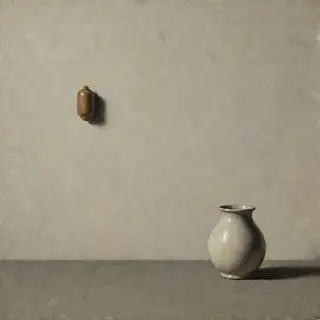 A still life painted in anxious minimalism — sparse composit