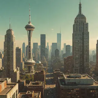 A cityscape rendered in nostalgic futurism — retro-futuristi
