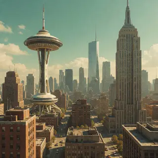 A cityscape rendered in nostalgic futurism — retro-futuristi