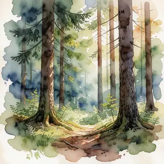 A forest rendered in photorealistic watercolor — the detail 