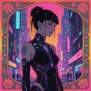 A woman in a futuristic city rendered in cyberpunk Art Nouve