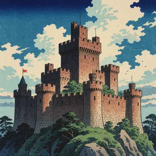 A medieval castle depicted in Japanese ukiyo-e woodblock pri
