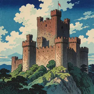 A medieval castle depicted in Japanese ukiyo-e woodblock pri