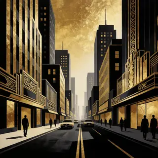 A city street scene in the style of Art Deco — geometric sha