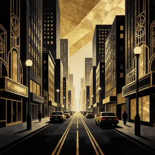 A city street scene in the style of Art Deco — geometric sha