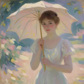 A woman with a parasol in the style of Impressionism — soft 