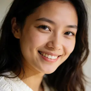 A close-up portrait of a young woman with a warm natural smi
