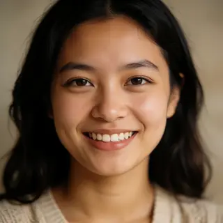 A close-up portrait of a young woman with a warm natural smi