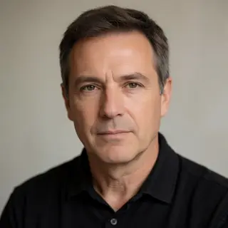 A portrait of a middle-aged man with a calm, serious express