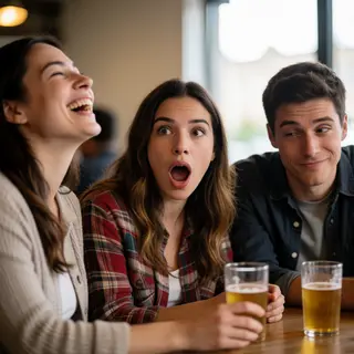 A group of three friends at a table: one laughing with head 