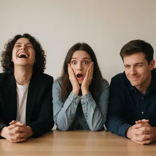 A group of three friends at a table: one laughing with head 