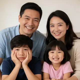 A family photo with four people: a father beaming with pride