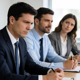 Three coworkers in a meeting: one looking frustrated with fu