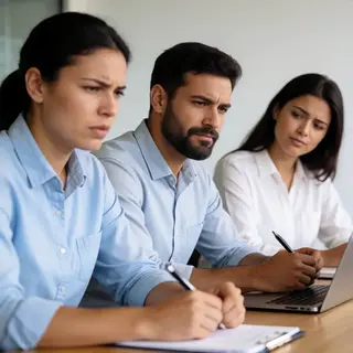 Three coworkers in a meeting: one looking frustrated with fu