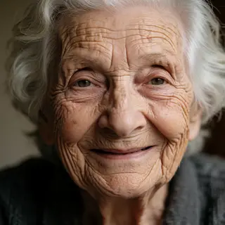 An elderly woman in her 80s with deep wrinkles and white hai