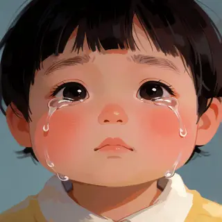 A 5-year-old child with round cheeks and large eyes, crying 