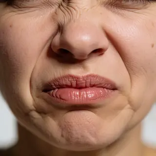 A close-up of a person's face showing clear disgust, nose wr