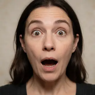 A portrait capturing genuine surprise — raised eyebrows, wid
