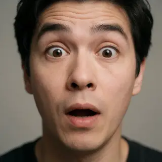 A portrait capturing genuine surprise — raised eyebrows, wid