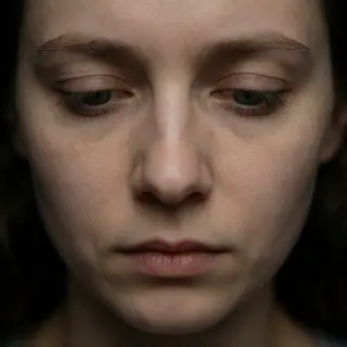 A face showing quiet melancholy — downcast eyes, slightly dr