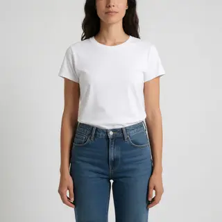A woman standing upright in a relaxed pose, arms at her side