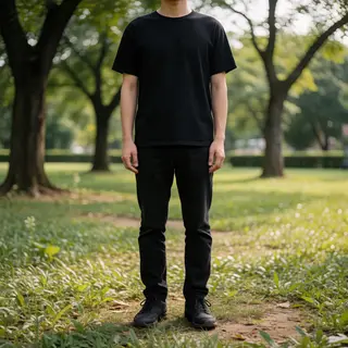 A person standing in a neutral pose in a park, full body vis