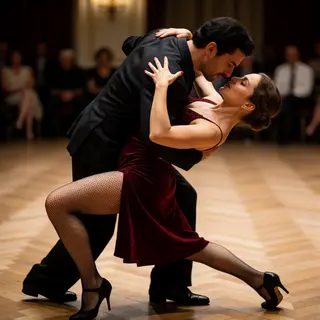 Two tango dancers in a close embrace, the man dipping the wo