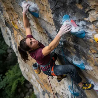 A rock climber clinging to a cliff face with arms and legs e