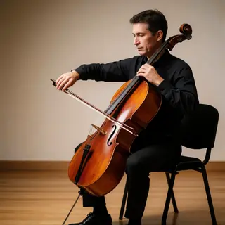 A cellist seated with correct posture, legs around the instr