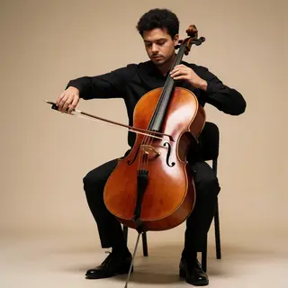 A cellist seated with correct posture, legs around the instr